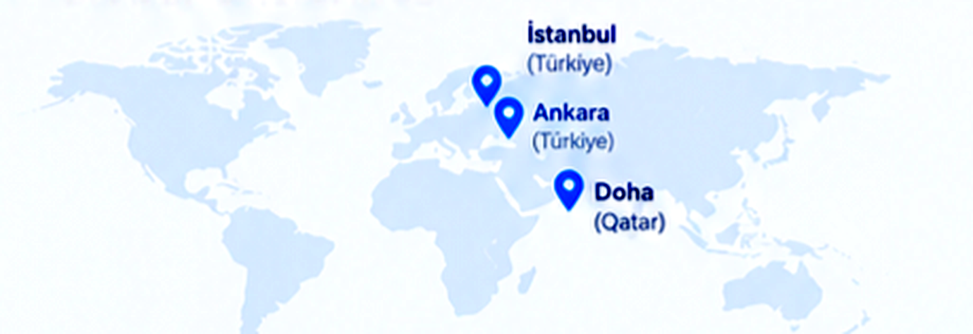 Doha, İstanbul ve Ankara ofislerimizi gösteren dünya haritası
