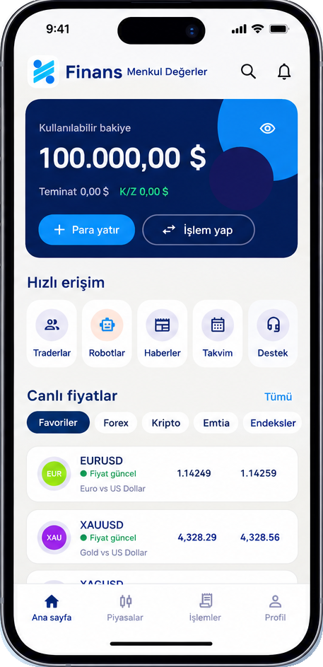 Finans Menkul Değerler mobil uygulamasının ana ekranı