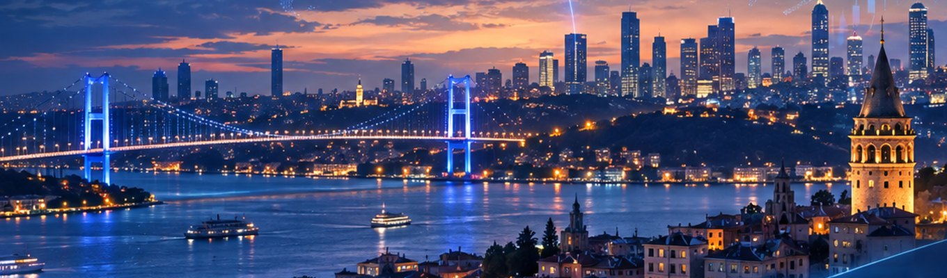 Gece İstanbul Boğazı ve şehir silueti